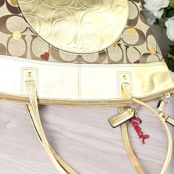 Coach Laura Signature Secret Admirer Tote Gold Red Hearts - Picture 3 of 14